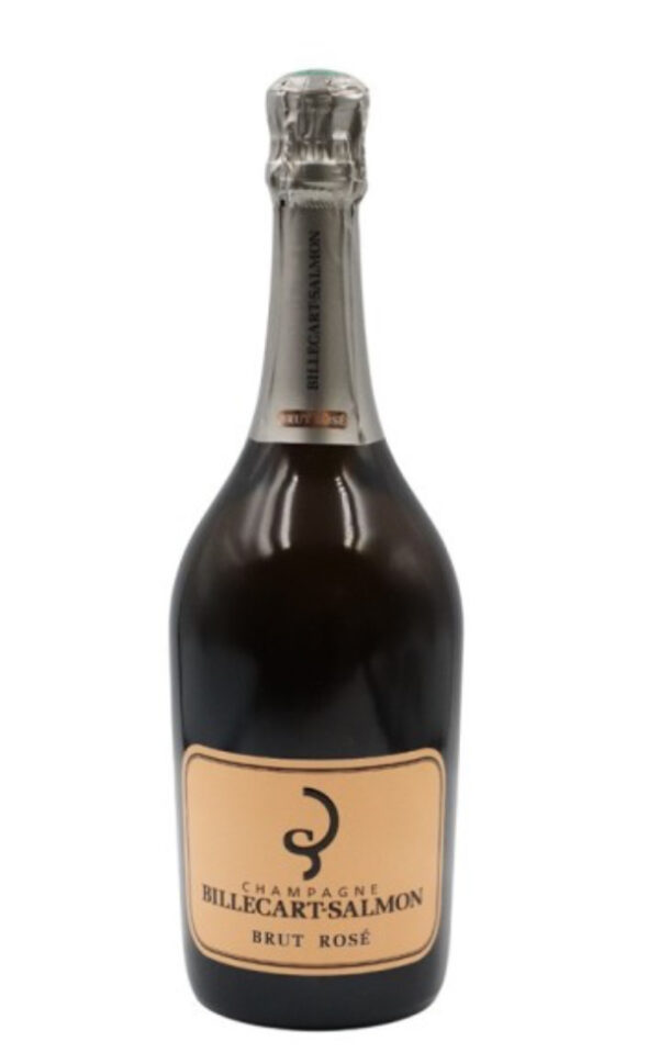 Présentation d’une bouteille de champagne Billecart-Salmon rosé.