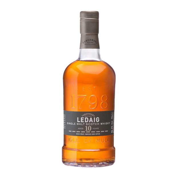 Image représentant une bouteille de whisky écossais tourbé Ledaig 10 ans.